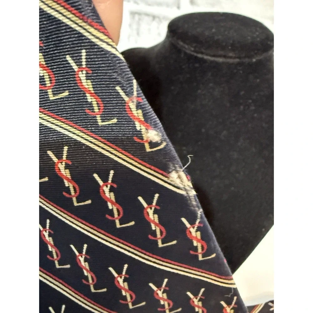 Yves Saint Laurent YSL Vintage Tie Navy Red Logo Monogram Designer Necktie USA